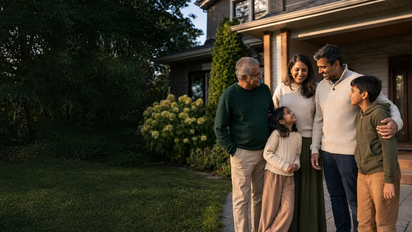 A multigenerational family sharing a warm moment outside their Ontario home